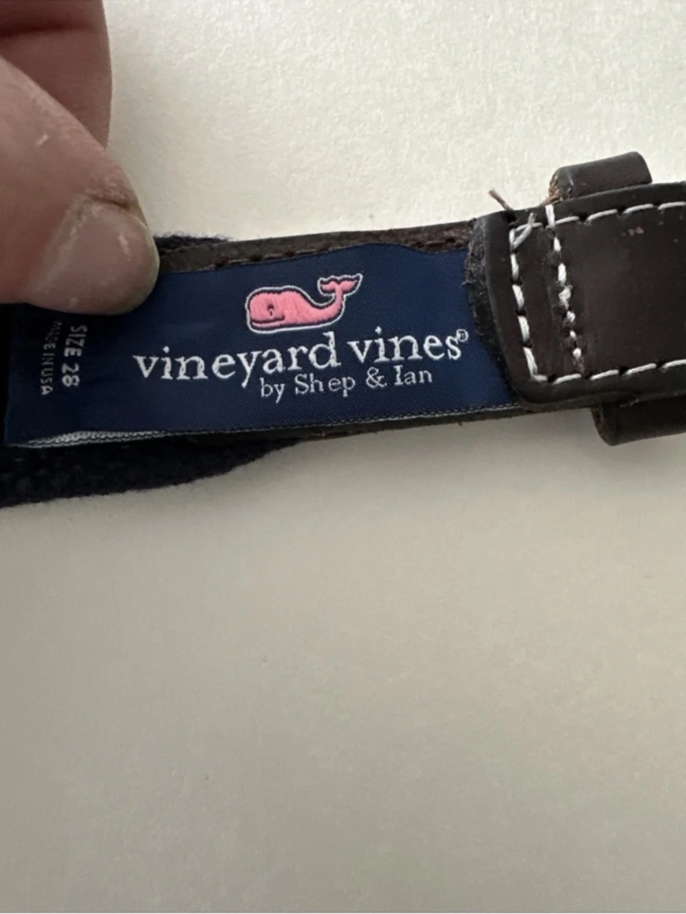 Vineyard Vines American Flag Webbing Belt with Brown Leather Trim 26